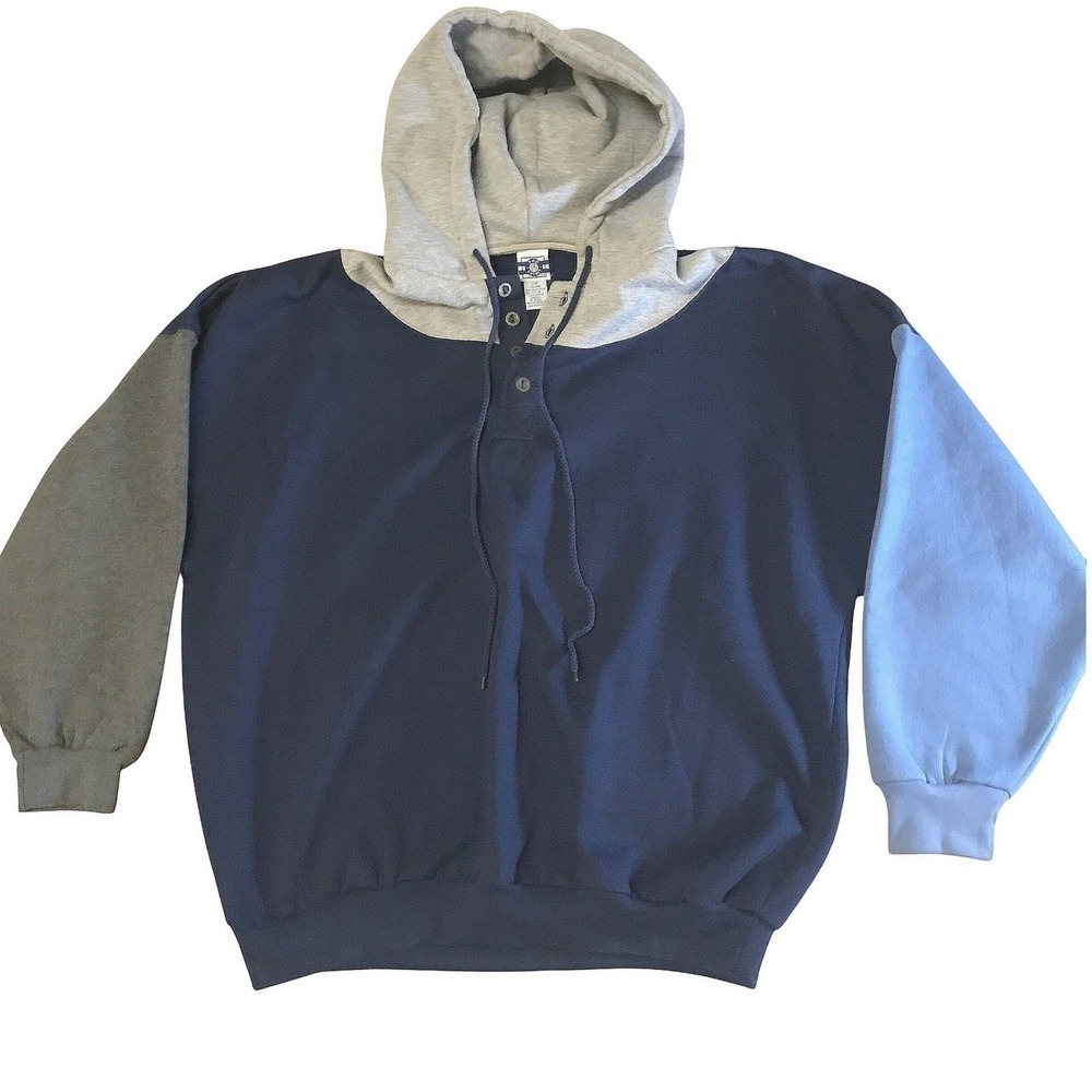 Vintage Pro Spirit Colorblock Henley Hoodie Mens XXL Navy Blue Grey Sweatshirt